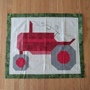 Quilted Farm Tractor Quilt Block Fabric Panel Red Green Pillow Cover Wallhanging